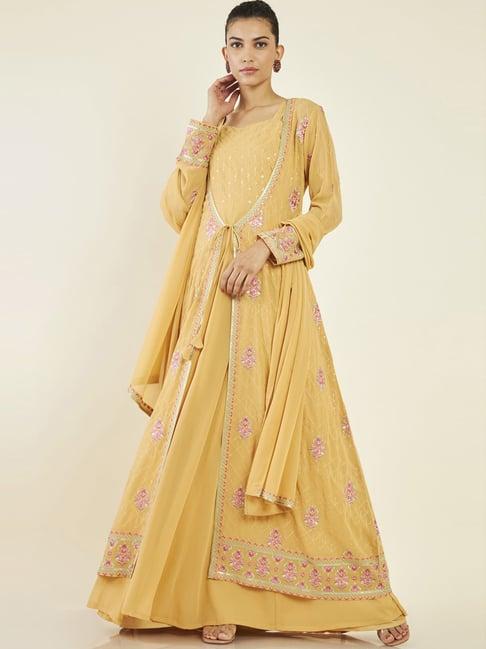 soch mustard embroidered kurta pant set with dupatta