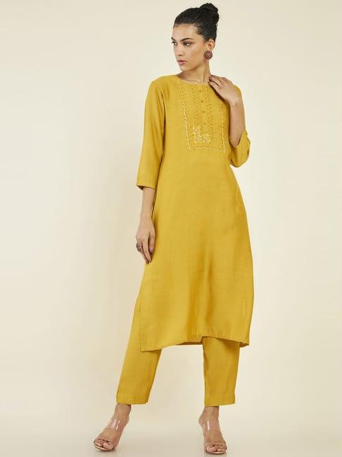 soch mustard embroidered kurta pant set