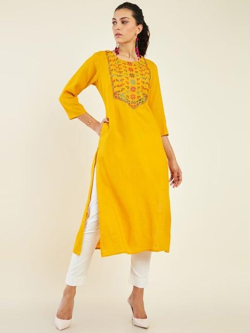 soch mustard embroidered straight kurta