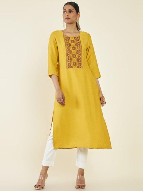 soch mustard embroidered straight kurta