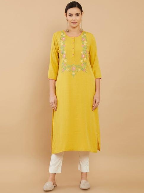 soch mustard embroidered straight kurta