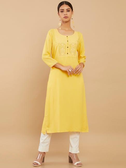 soch mustard embroidered straight kurta