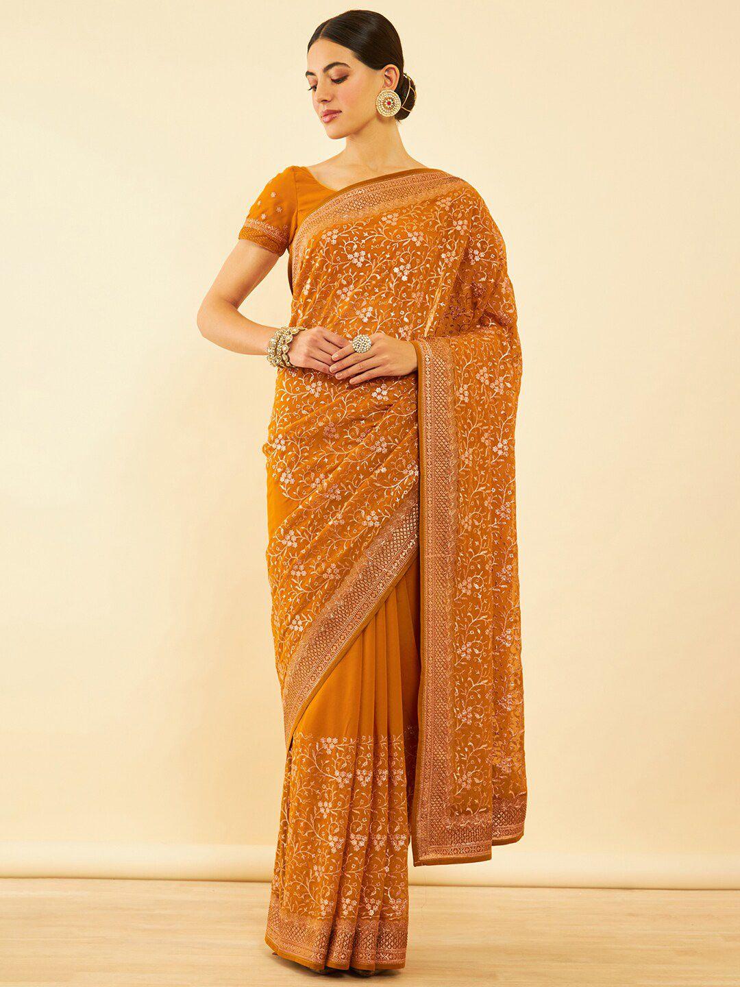 soch mustard floral embroidered pure chiffon saree