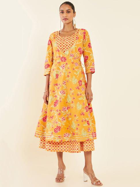 soch mustard printed a line dress with inner slip