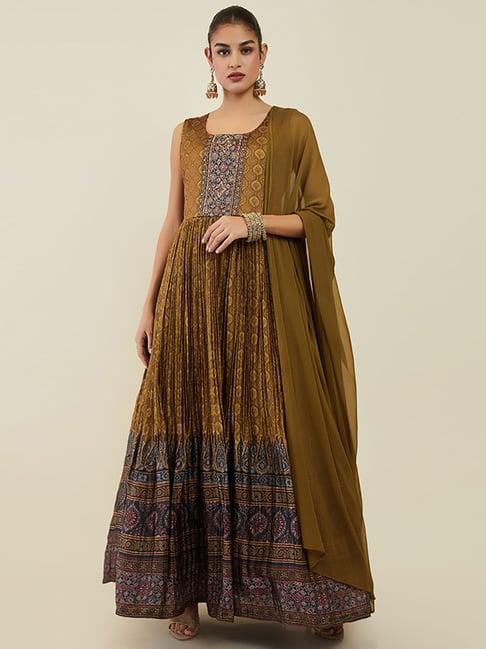 soch mustard printed gown churidar set with dupatta