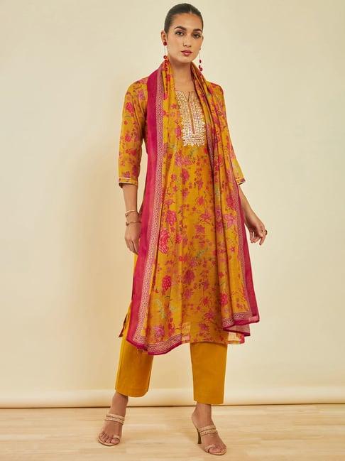 soch mustard printed kurta pant set with dupatta