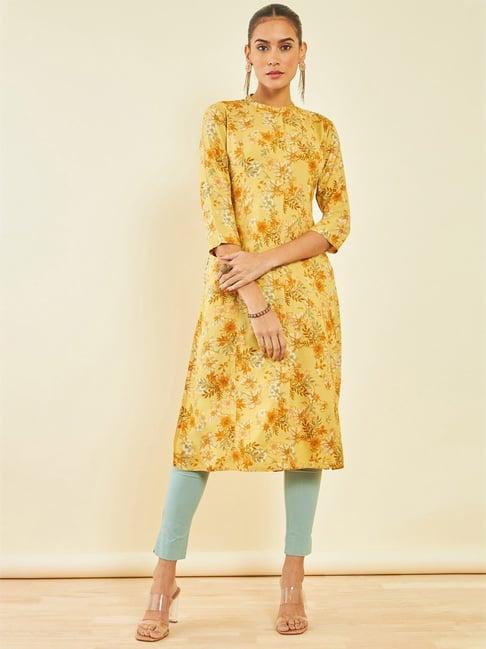 soch mustard printed straight kurta