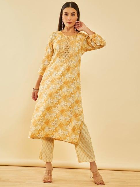 soch mustard rayon floral printed kurta set with embroidery details