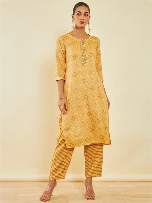 soch mustard rayon printed straight kurta set with gota patti work