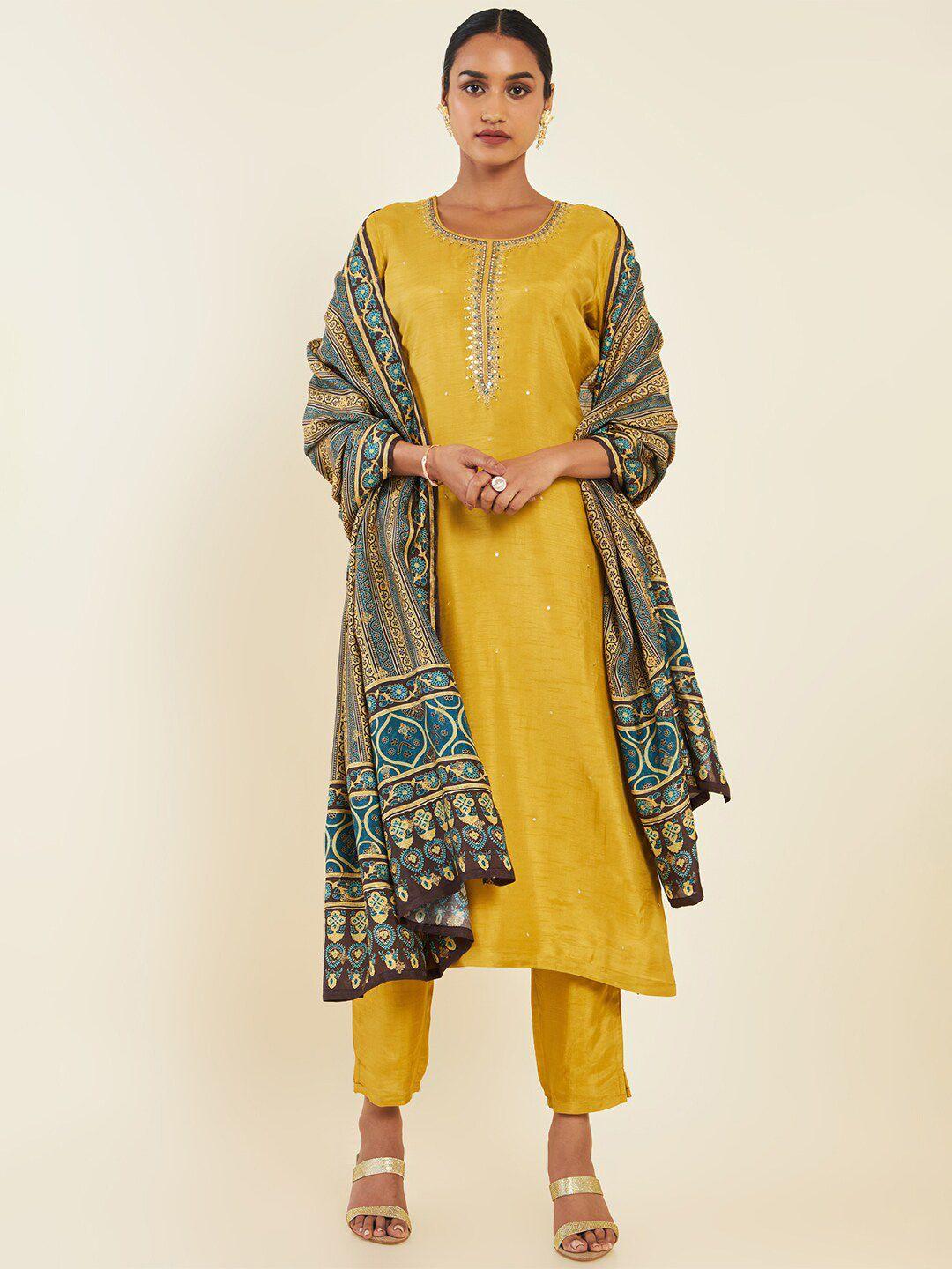 soch mustard yellow & blue floral embroidered kurta with trousers & dupatta