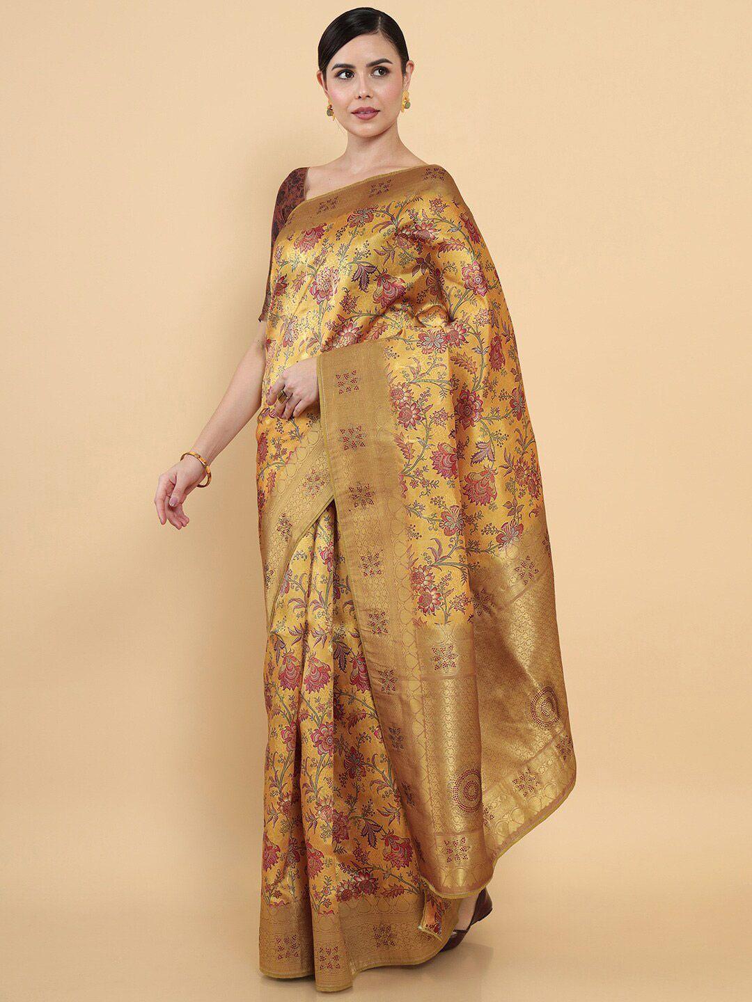 soch mustard yellow & green floral zari saree