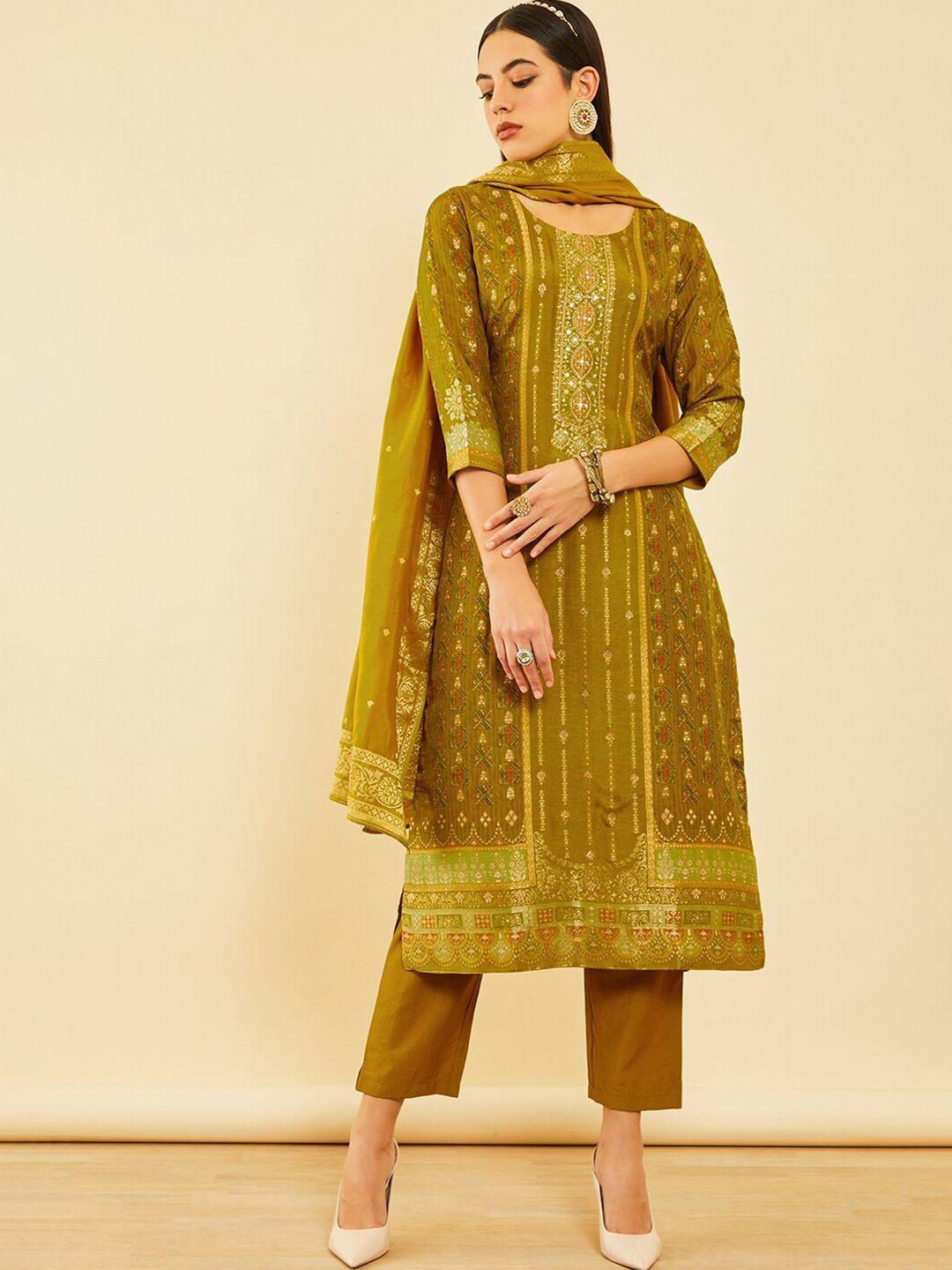 soch mustard yellow ethnic motifs printed straight kurta & trouser with dupatta