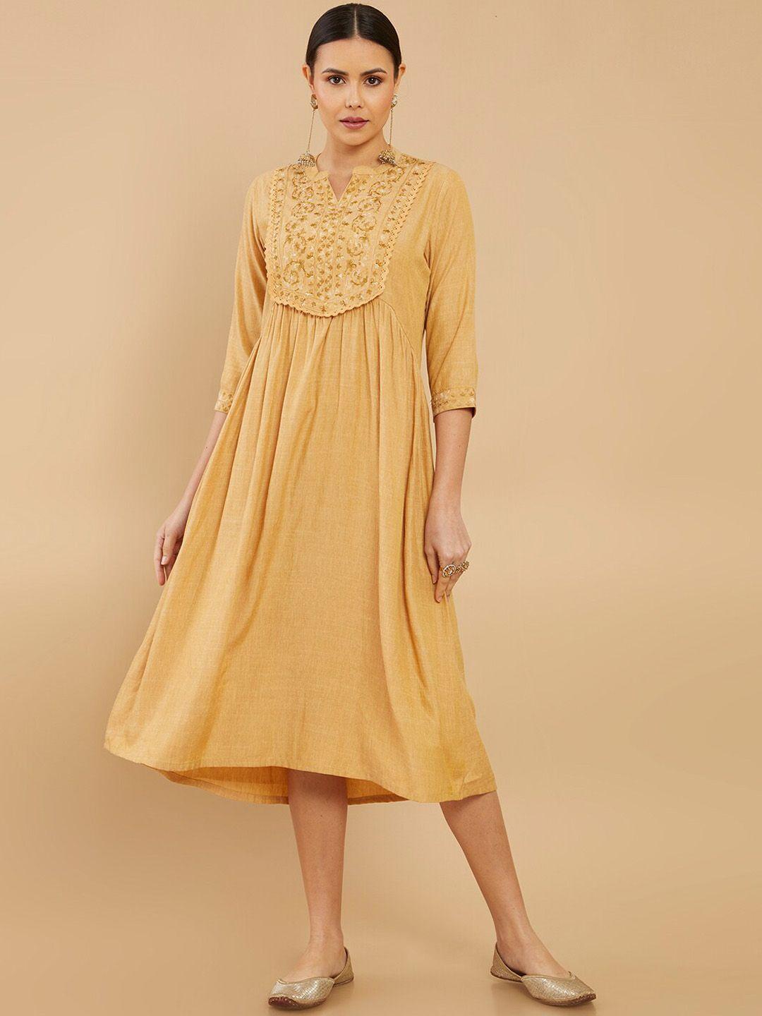 soch mustard yellow floral embroidered ethnic a-line dress