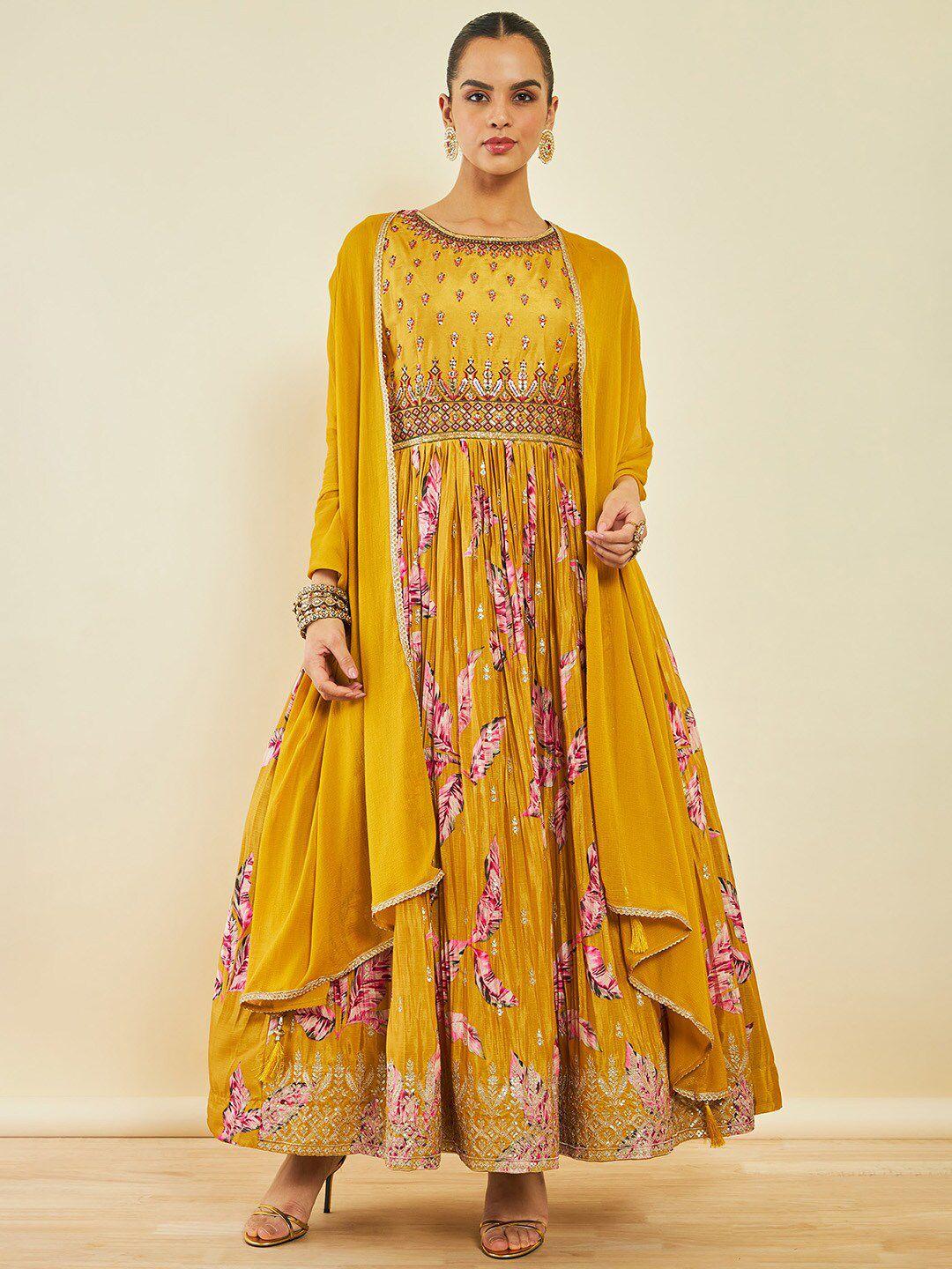 soch mustard yellow floral print crepe maxi dress with dupatta