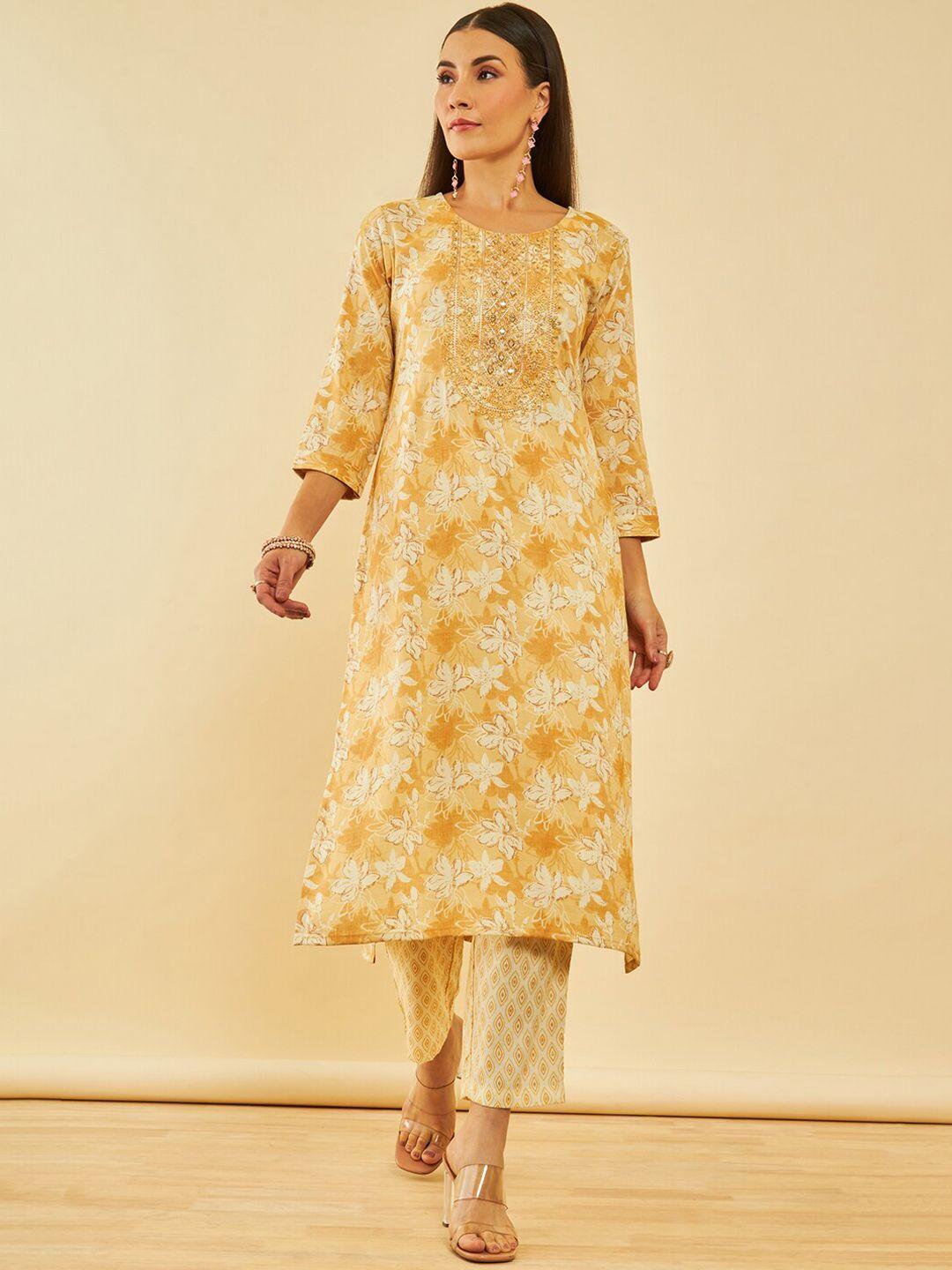 soch mustared yellow & beige floral printed straight kurta with trousers