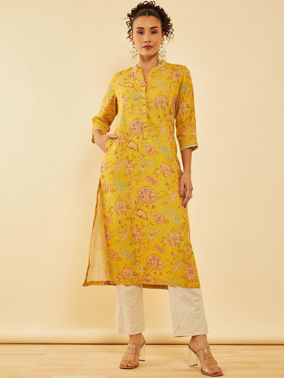 soch mustared yellow & red floral printed mandarin collar linen straight kurta