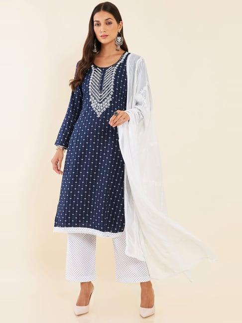 soch navy & white printed unstitched dress material