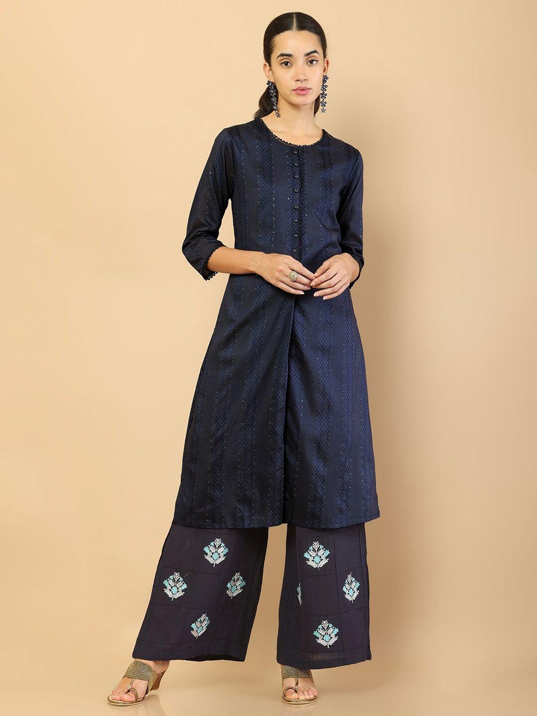 soch navy blue & charleston green chanderi silk kurti