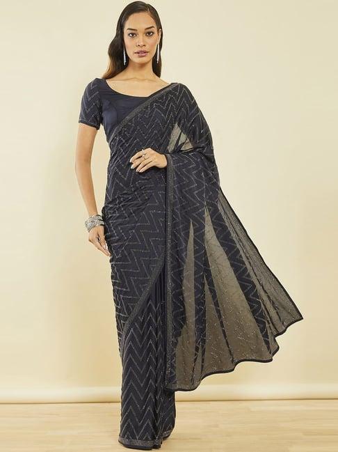 soch navy blue crepe chevron all-over stone embellished saree