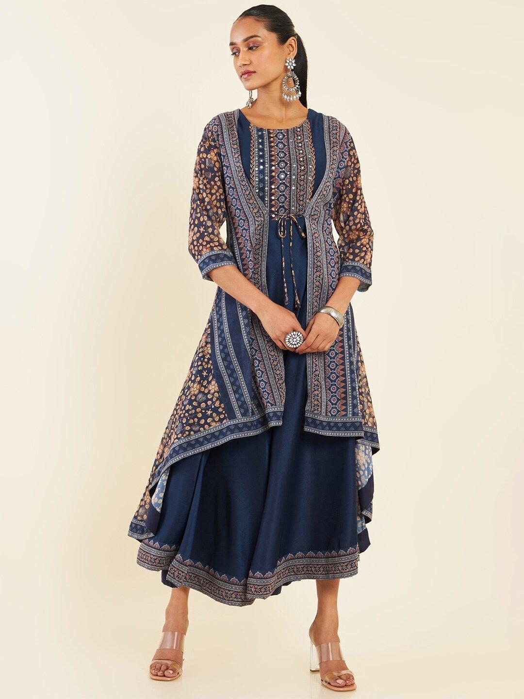 soch navy blue ethnic motifs printed layered fit &  flare midi ethnic dress