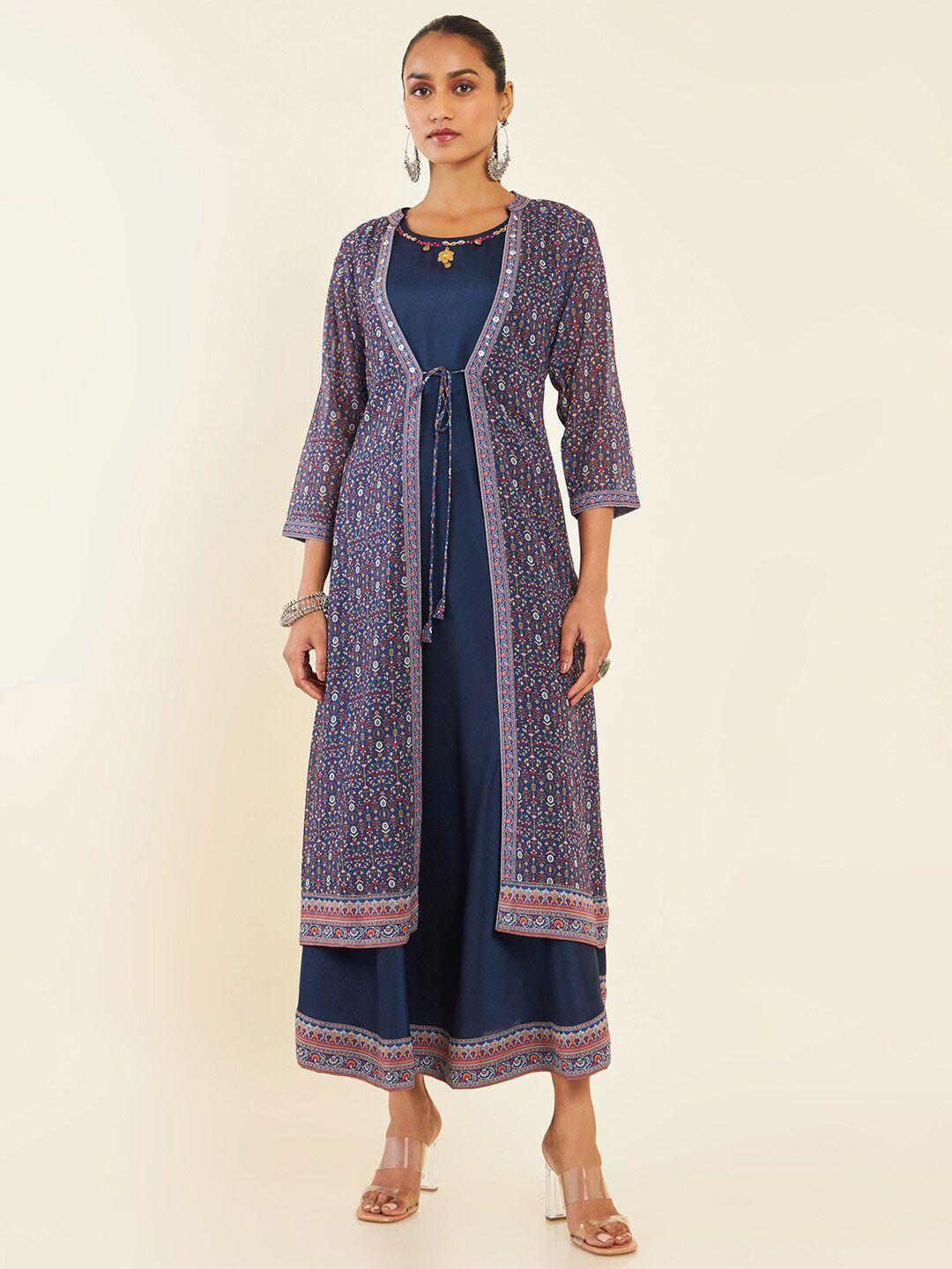 soch navy blue ethnic printed round neck midi georgette a-line ethnic dress with shrug