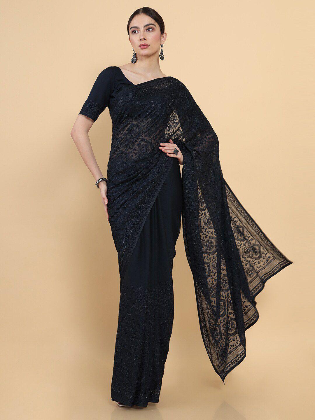 soch navy blue floral beads and stones tissue saree