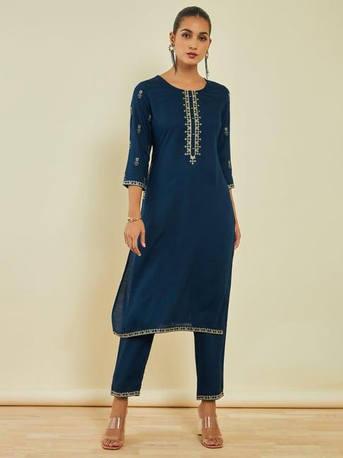 soch navy blue rayon slub floral embroidered round-neck straight kurta set