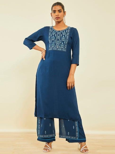 soch navy blue rayon slub floral embroidered straight kurta sets