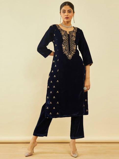 soch navy blue velvet floral zari embroidered straight kurta set