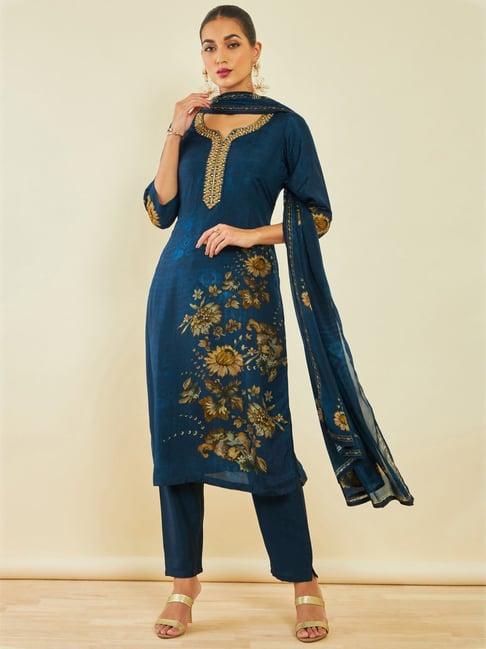 soch navy embellished kurta pant set with dupatta