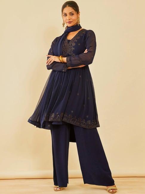 soch navy embellished kurti palazzo set with dupatta