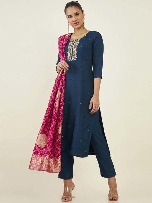 soch navy embroidered kurta & pant set with dupatta