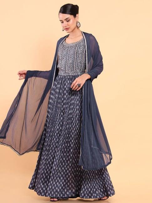 soch navy printed jumpsuit with dupatta