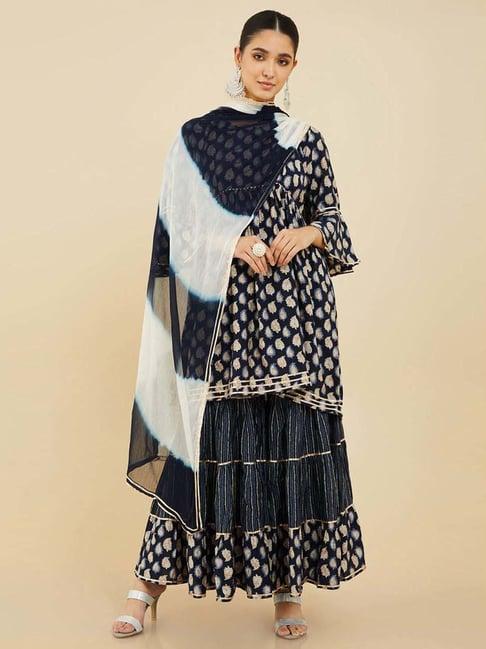 soch navy printed kurti sharara set with dupatta