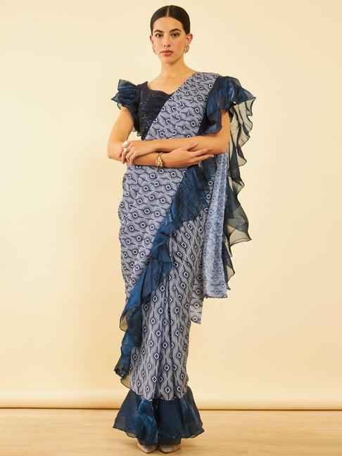 soch navy printed ready to wear saree with readymade blouse