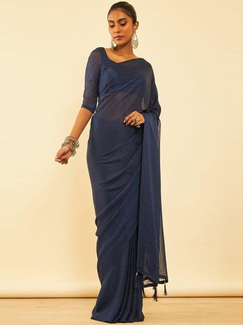 soch navy striped saree with unstitched blouse