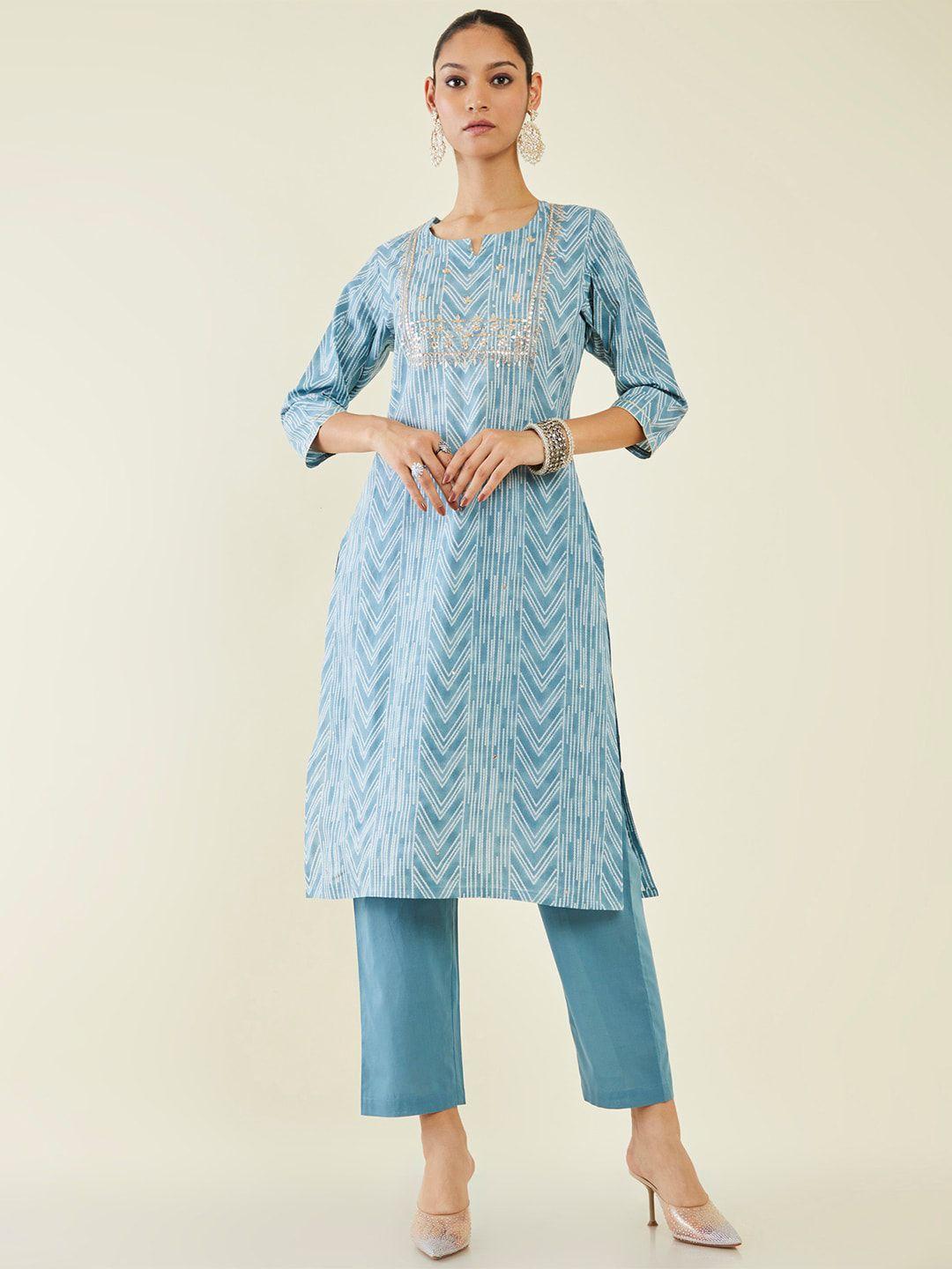 soch notch neck chevron printed gotta patti pure cotton kurta with trousers