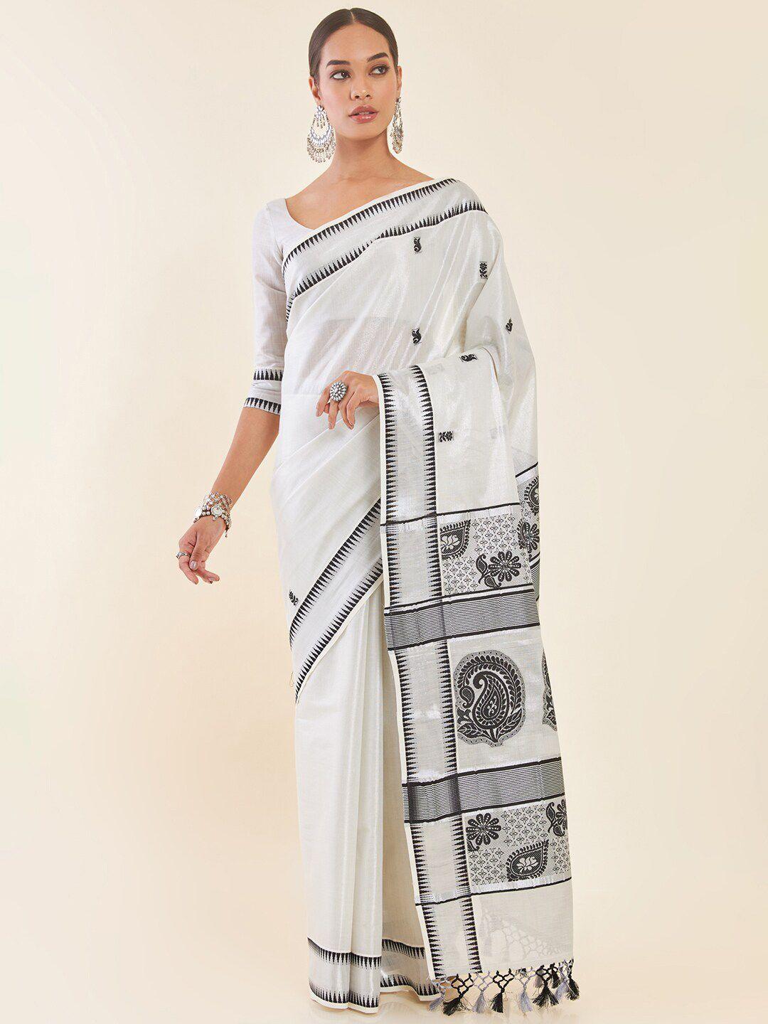 soch off-white & black woven design zari tissue kasavu saree