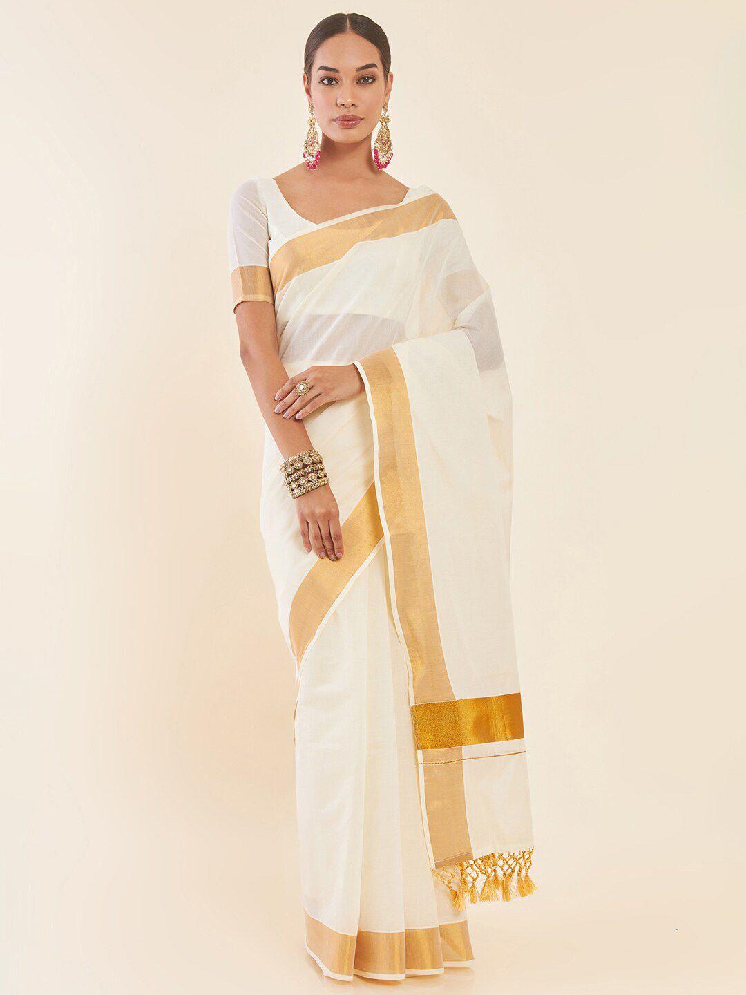 soch off white & gold-toned zari pure cotton kasavu saree