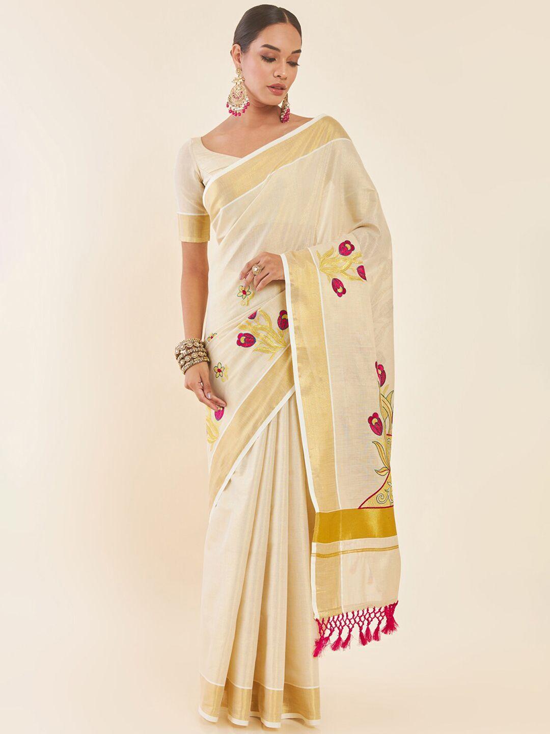 soch off-white & gold woven design embroidered tissue kasavu saree