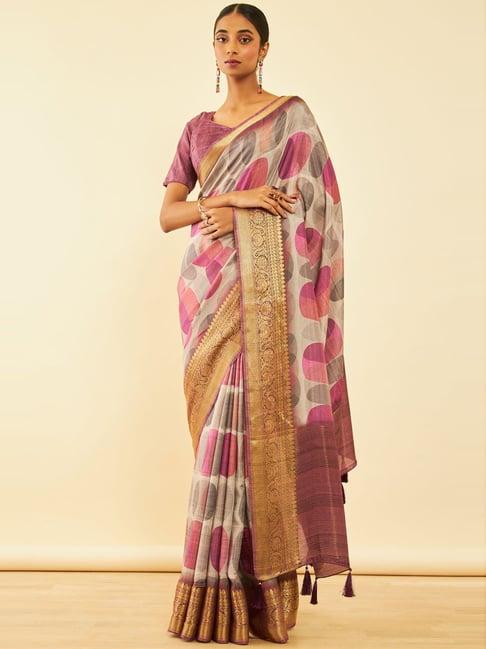 soch off-white & pink printed saree with unstitched blouse