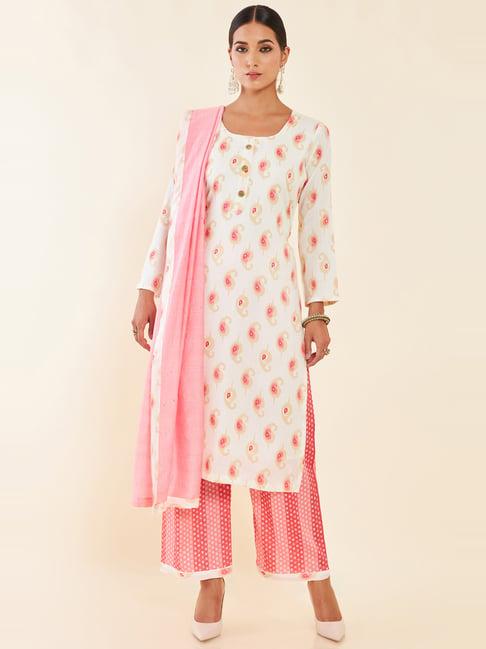soch off-white & pink printed unstitched dress material