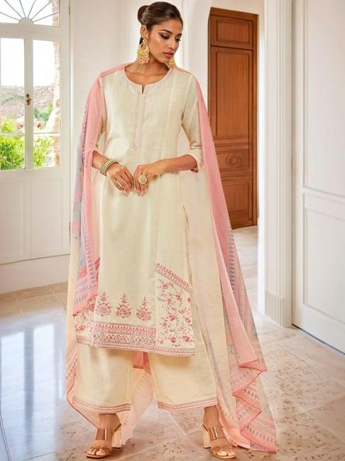 soch off white & pink silk blend suit set with floral embroidered