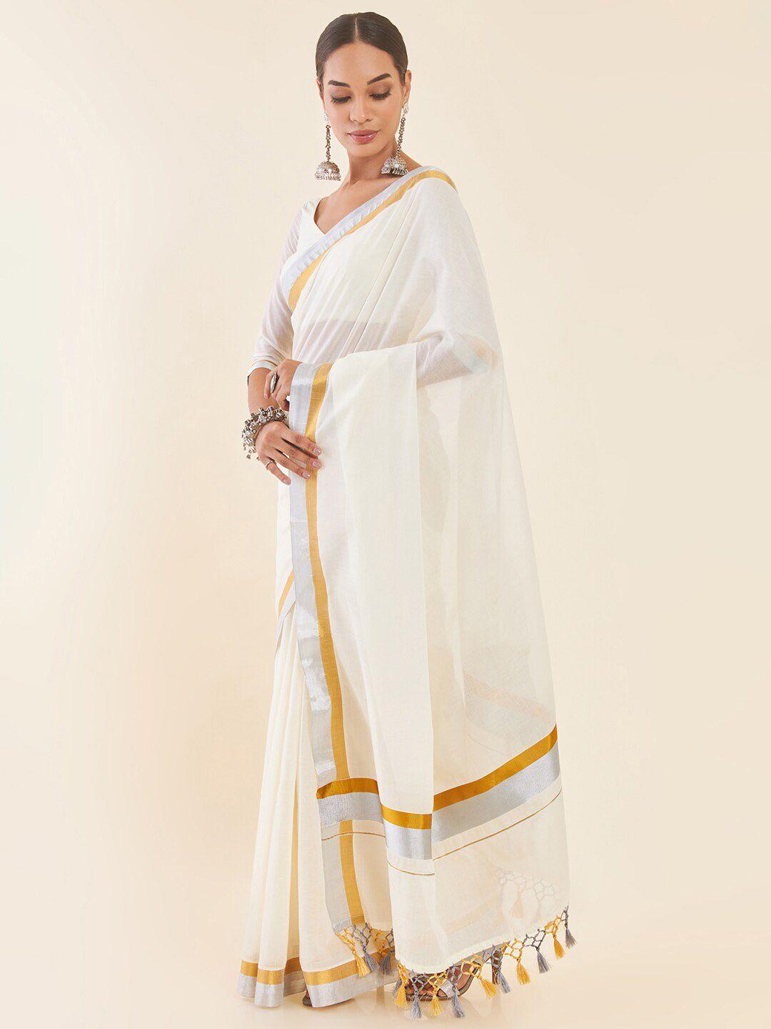 soch off-white & silver-toned zari pure cotton kasavu saree