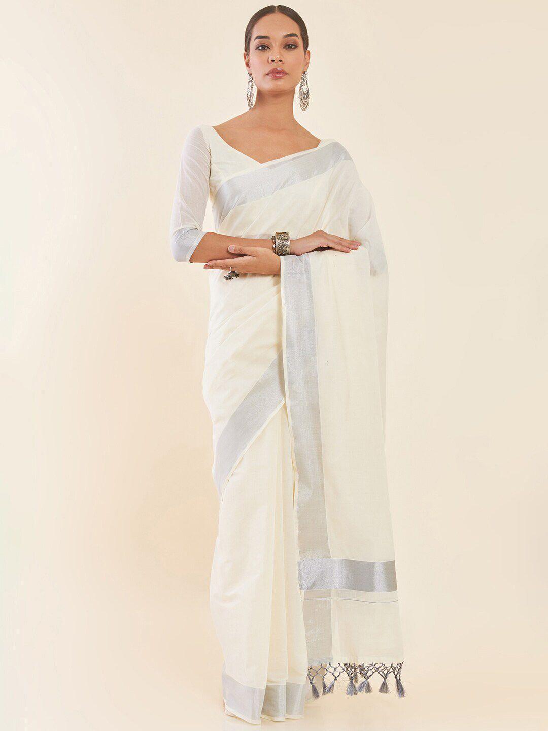 soch off-white & silver-toned zari pure cotton kasavu saree