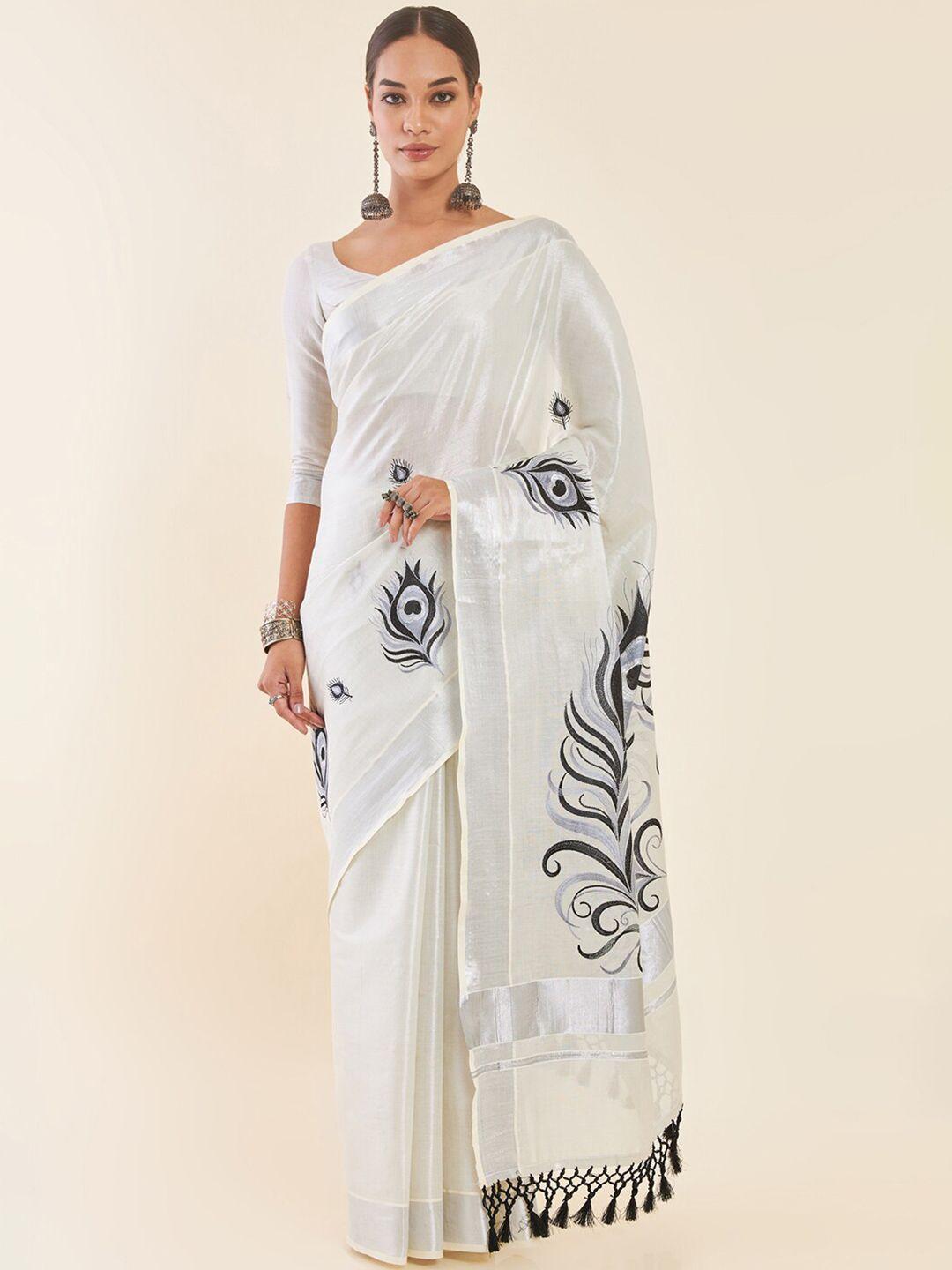 soch off-white & silver woven design embroidered kasavu saree