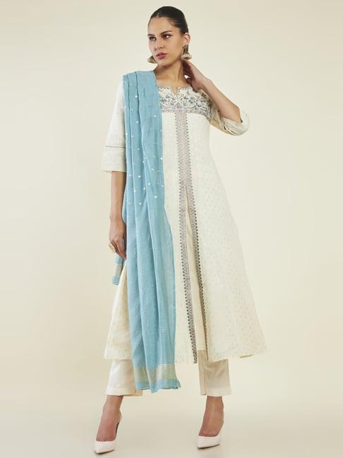 soch off-white cotton embroidered kurta pant set with dupatta