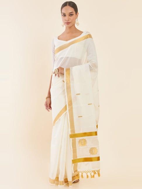 soch off-white cotton woven saree with unstitched blouse