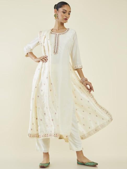 soch off-white embellished kurta pant set with dupatta