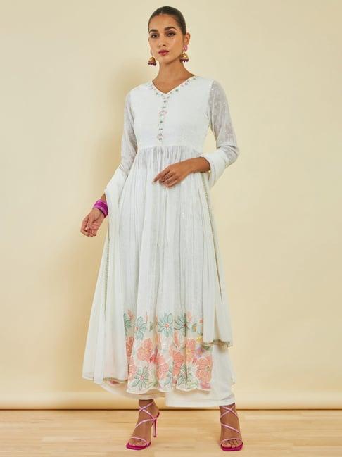 soch off-white embroidered kurta palazzo set with dupatta